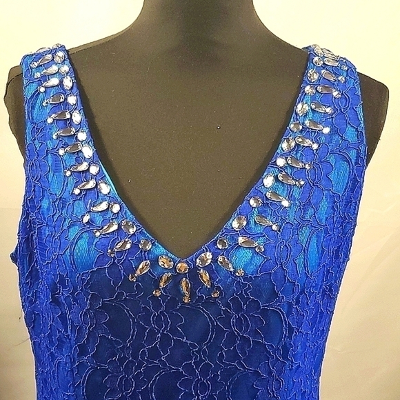 Adrianna Papell Hailey Blue Lace Evening Gown/Dress Size 14 - Picture 2 of 12